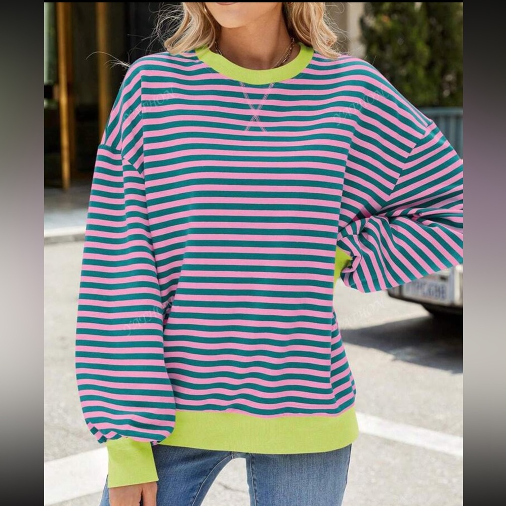 Casual Striped Round Neck Sweatshirt Long Sleeve Loose T-Shirt XL